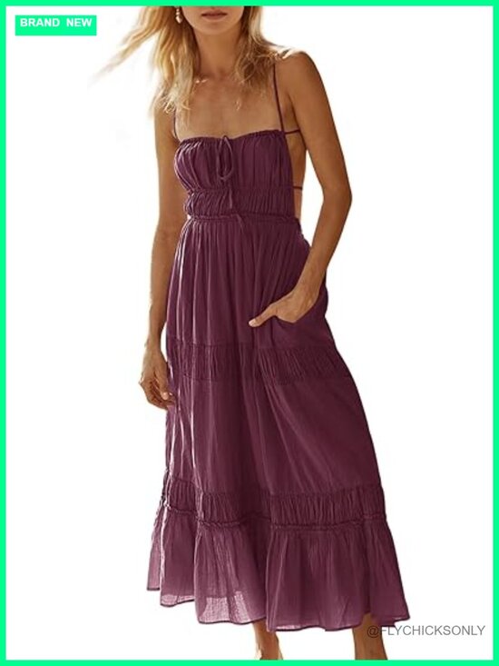 Dresses & Skirts - Backless Spaghetti Strap Tiered Flowy Maxi Dress with Pockets